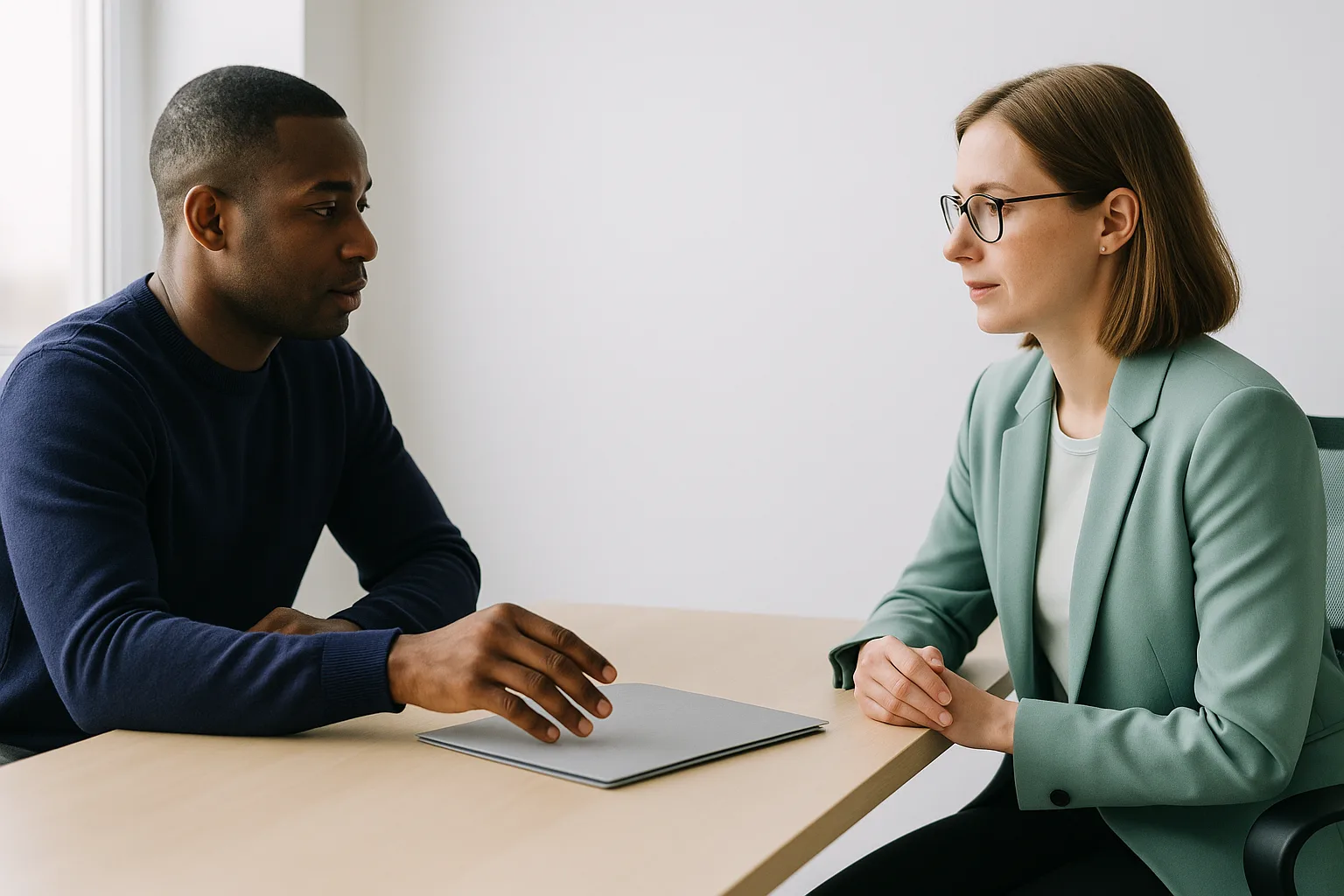 Two people in conversation across a desk in a calm office