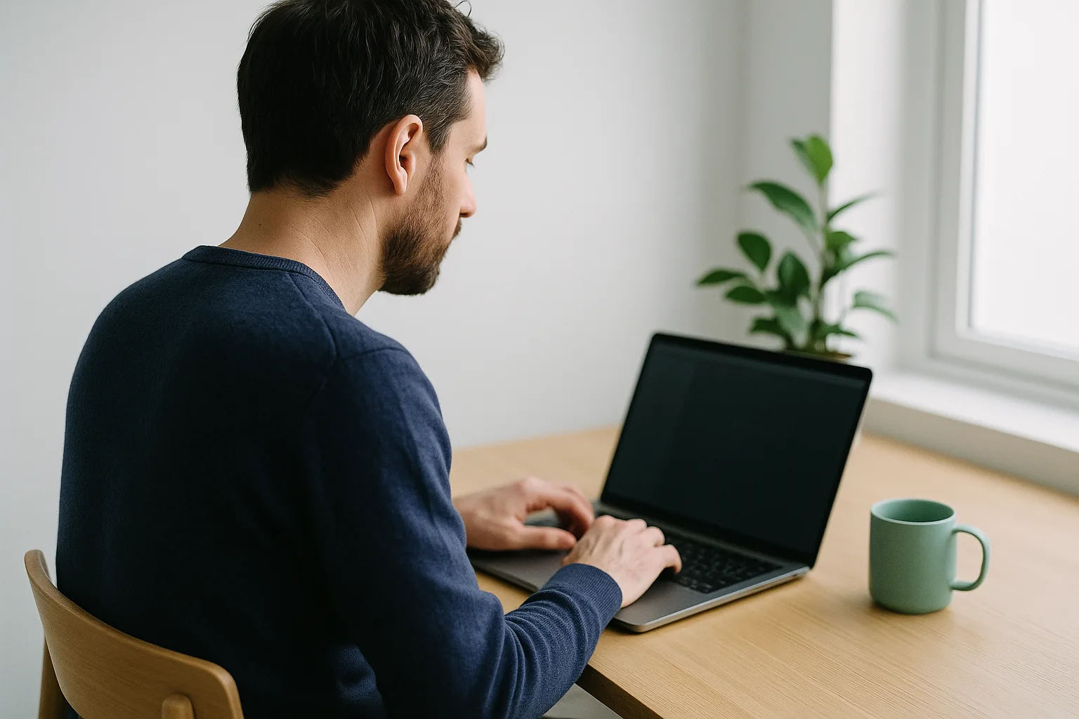 Someone working at a laptop in a small bright workspace